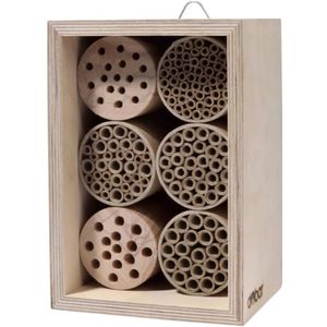 dobar® 28540e Professioneel wilde bijenhotel, bijenhuis van hout, massieve nesthulp met papieren buizen, insectenhotel voor gemaskerde bijen, metselbijen, zijdebijen, 16 x 12,5 x 23 cm, naturel