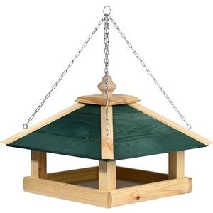dobar Green Label® Narsaq Groot vogelvoederhuis met ketting om op te hangen, vogelhuis met groen dak, voederstation voor wilde vogels, 39 x 39 x 30 cm, grenen