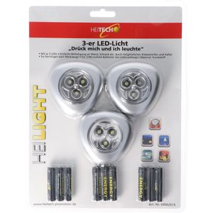 LED-lampjes set van 3, druk op mij en ik licht op, mini-LED-lampjes, draadloos, inclusief batterijen