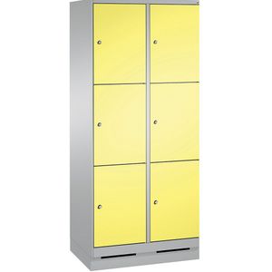 C+P EVOLO vakkenkast, met sokkel, 2 afdelingen, elk 3 vakken, afdelingbreedte 400 mm, blank aluminiumkleurig / zwavelgeel