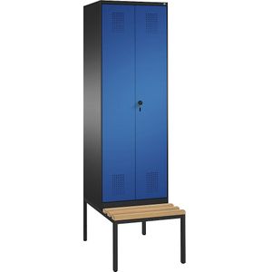 C+P EVOLO garderobekast, met naar elkaar toe slaande deuren en zitbank, 2 afdelingen, afdelingbreedte 300 mm, zwartgrijs/gentiaanblauw