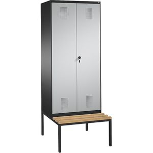 C+P EVOLO garderobekast, met naar elkaar toe slaande deuren en zitbank, 2 afdelingen, afdelingbreedte 400 mm, zwartgrijs / blank aluminiumkleurig