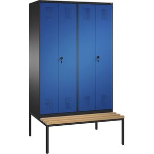 C+P EVOLO garderobekast, met naar elkaar toe slaande deuren en zitbank, 4 afdelingen, afdelingbreedte 300 mm, zwartgrijs/gentiaanblauw