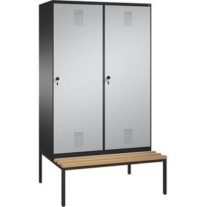 C+P EVOLO garderobekast, met zitbank, deur over 2 afdelingen, 4 afdelingen, 2 deuren, afdelingbreedte 300 mm, zwartgrijs / blank aluminiumkleurig