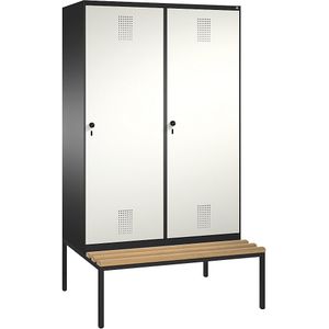 C+P EVOLO garderobekast, met zitbank, deur over 2 afdelingen, 4 afdelingen, 2 deuren, afdelingbreedte 300 mm, zwartgrijs / zuiver wit