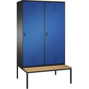 C+P EVOLO garderobekast, met zitbank, deur over 2 afdelingen, 4 afdelingen, 2 deuren, afdelingbreedte 300 mm, zwartgrijs/gentiaanblauw