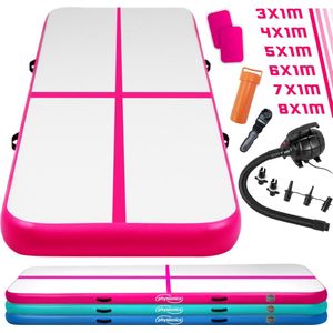 Opblaasbare PVC gym mat, Roze,  4 meter, met elektrische luchtpomp, gymnastiekmat, trainingsmat, fitnessmat