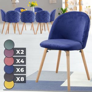 Miadomodo Eetkamerstoelen - Velvet - Fluweel - Houten Poten - Set van 8 - Blauw