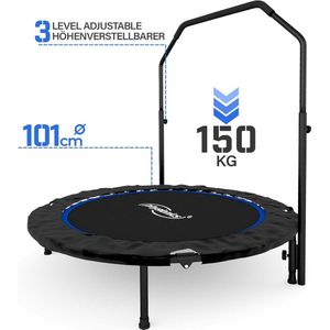 Physionics - Opvouwbare Fitnesstrampoline met in hoogte verstelbaar Handvat - Diameter 101 cm - Voor Binnen/Buiten - Mini Trampoline - Voor Volwassenen/Kinderen - Rebounder - Max. 150 kg - Blauw