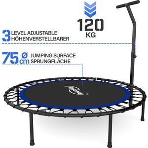 Physionics® Fitness trampoline - Ø 101 cm, in hoogte verstelbare handgreep, 120 kg, opvouwbaar, indoor/outdoor, met rubberen touwvering, rood/groen/blauw - mini, rebounder, jumping, volwassenen / kinderen (blauw)