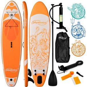 Physionics - Stand Up Paddle Board - 305cm - Opblaasbaar SUP Board - Verstelbare Peddel - Handpomp met Manometer - Rugzak - Reparatieset - Paddle Board - Surfboard - Kraken Oranje