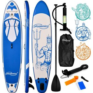 Physionics - Stand Up Paddle Board - 305cm - Opblaasbaar SUP Board - Verstelbare Peddel - Handpomp met Manometer - Rugzak - Reparatieset - Paddle Board - Surfboard - Poseidon Blauw