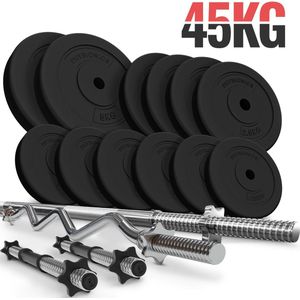 Physionics® Barbell Set - 45 kg, stalen halterstang (165 cm/Ø 30 mm), 2 dumbbells, EZ Curl Bar, halterschijven (Ø 31 mm), Spinlock Kragen - Fitness Set voor thuisgym, gewichtheffen, powerlifting