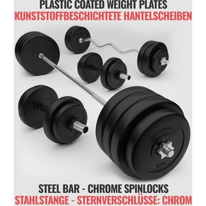 Physionics - Complete Dumbbell + Barbell set - Totaal gewicht 125 kg, Rechte Halterstang 165 cm, SZ Curlstang, 2 Dumbbells, Gewichtsschijven