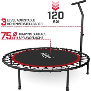 Physionics® Fitness trampoline - Ø 101 cm, in hoogte verstelbare handgreep, 120 kg, opvouwbaar, indoor/outdoor, met rubberen touwvering, rood/groen/blauw - mini, rebounder, jumping, volwassenen / kinderen (rood)