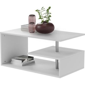 MIADOMODO® Multi-Level Salontafel - 90 x 50 x 41 cm, Spaanplaat, Aluminium Staaf, Wit - Zijkant, Hoek, Salon Theetafel, Opbergtafels met Legplank, Modern, Elegant Woonmeubilair