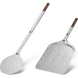 Burnhard Pizzadraaier & Pizzaschep - Aluminium Pizzaspatel geperforeerd met acaciahouten handvat & insteekmechanisme, hittebestendig voor pizzaovens