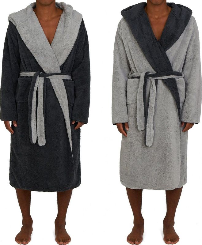 HOMELEVEL Sherpa Heren Omkeerbare Hooded Dressing Gown Huisjas Badjassen Winter Warm Lichtgrijs Maat M