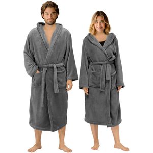 HOMELEVEL - Unixex - Badjas - Antraciet - Flanel, Grote Maten, 100% Polyester, 2 Opgestikte Zijzakken