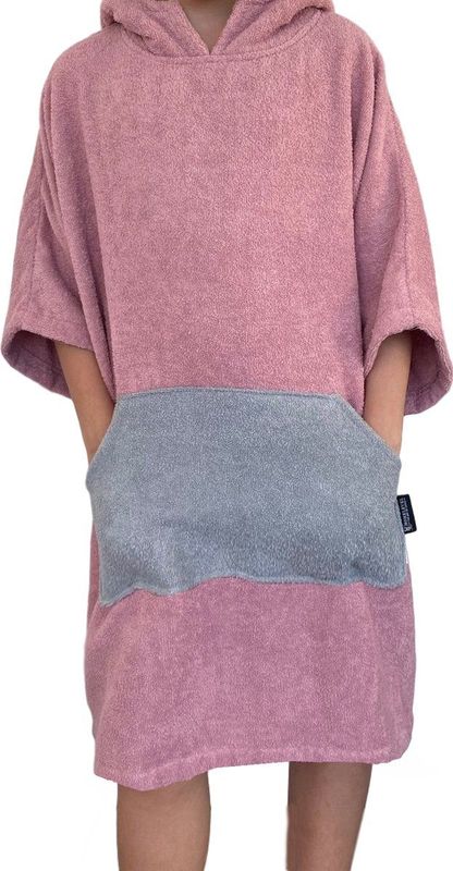 HOMELEVEL badponcho voor dames en heren - Maat S/M strandponcho 100% katoen - Surfponcho volwassenen - Oudroze / Lichtgrijs