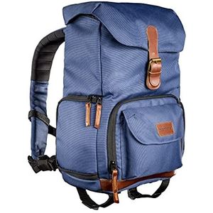 Mantona Luis Junior Retro rugzak met echt lederen applicaties en regenhoes, flexibel vak en tabletvak voor DSLR-camera, 1 tot 2 lenzen en diverse foto-accessoires, blauw, Blauw