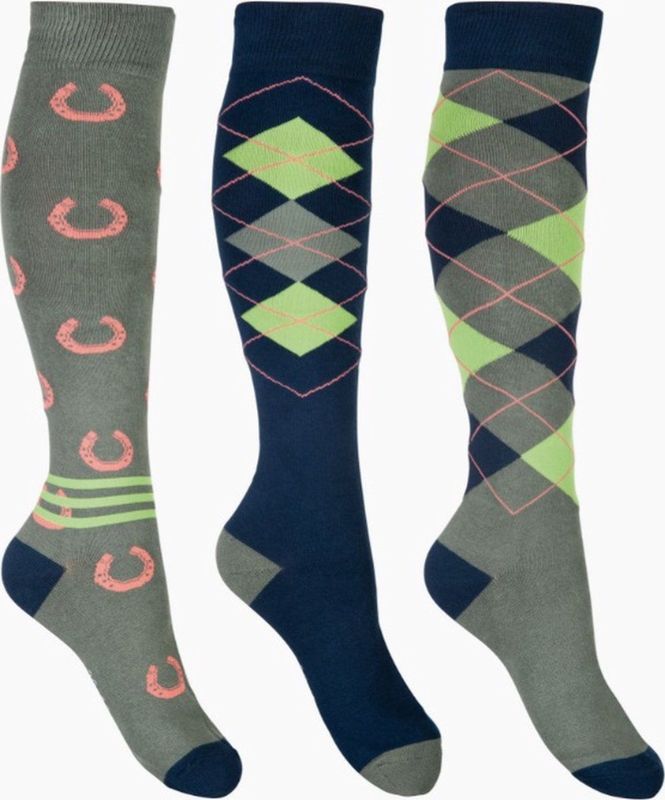 HKM ruitersok Cardiff set van 3 - marineblauw/olijfgroen - 30/34