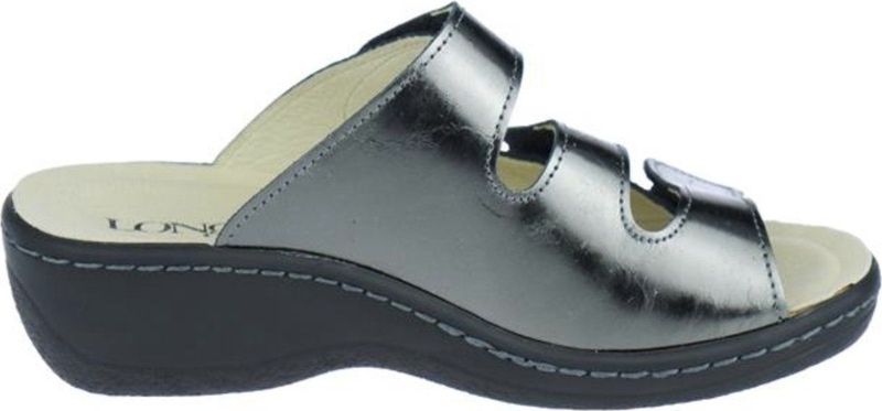 Longo - 1005316-2 - Slipper - Donkergrijs - Verstelbare Klittenbanden, Leder Uitneembaar Voetbed, Hakhoogte 2,5cm