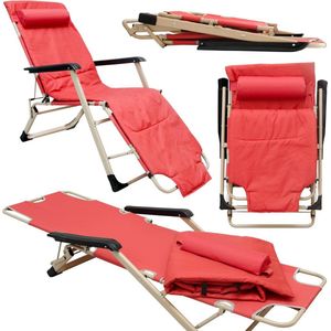 AMANKA Ligstoel met Bekleding en Kussen - 178cm Opklapbare Tuinstoel Camping Lounger Zonnebed Rood