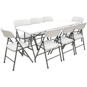 Tuinzitgroep - 180 cm tafel met 8 Stoelen - Tuinmeubelset Klapbaar - Eetgroep Wit Kunststof