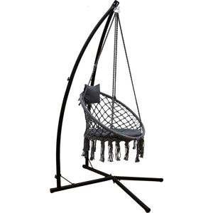 215cm Hangstoel Frame met Macramé Stoel - Metalen Standaard tot 120kg - Katoenen Boho Zetel