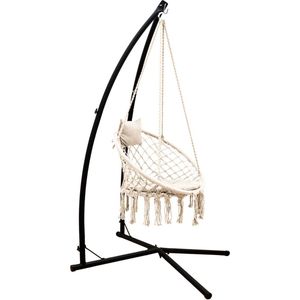 AMANKA 215cm Hangstoel Frame met Macramé Stoel - Metalen Standaard tot 120kg - Katoenen Boho Zetel - beige 16797