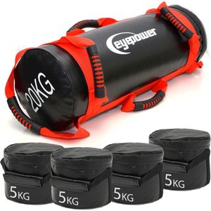 20kg Profi Power Bag + 4 Waterdichte Kettlebell Gewichten met Ijzerzand - Krachtzak met 6 Handgre...