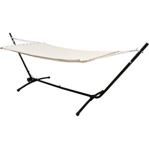 AMANKA XL Hangmat 200x120 voor 2 Personen met in Hoogte Verstelbaar Frame - 335cm Metalen Hangmatframe op Wielen - Tuinhangmat Balkonhangmat Beige - zwart Staal 17236