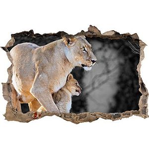 Pixxprint 3D_WD_S4960_92x62 beschermende leeuwenmoer met kleine welp wanddoorbraak 3D muursticker, vinyl, zwart/wit, 92 x 62 x 0,02 cm