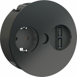 Bachmann Twist Inbouwstopcontact, 1 x stopcontact met 2 x USB A 2 m kabel, tafelstopcontact voor keuken en kantoor, zwart (slechts 40 mm inbouwdiepte en geïntegreerde waterafvoer)