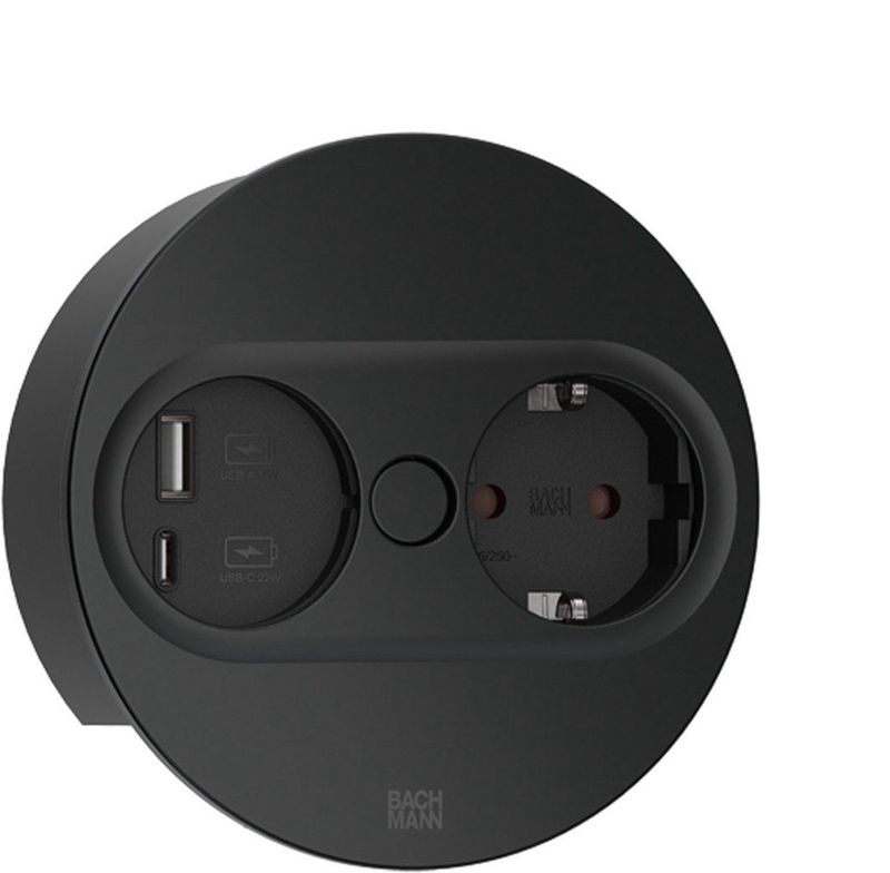 Bachmann - Twist2 - Inbouwcontactdoos - Zwart - Geaard Stopcontact en USB-A/C Oplaadpoort