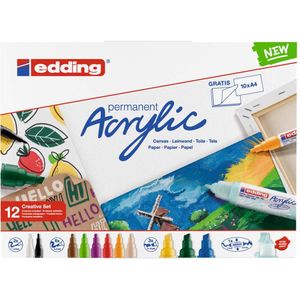 edding Acrylverf stiften starterset - 12 acryl markers - Brede beitelpunt - Inclusief kleurblok