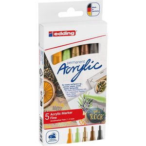 edding 5300 acrylstiften fijn - 5 natuur kleuren - pastelgroen, zonnegeel mat, hazelnoot mat, rijkgoud mat, antraciet mat - ronde punt van 1-2 mm - watervaste inkt voor het tekenen op o.a. canvas, kunstpapier, hout, kiezelstenen en steen
