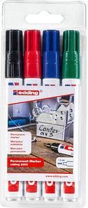 edding 3300 permanent marker set met 4 kleuren - zwart, rood, blauw, groen - beitel punt 1-5 mm - voor vrijwel alle oppervlaktes geschikt - navulbaar - aluminium barrel