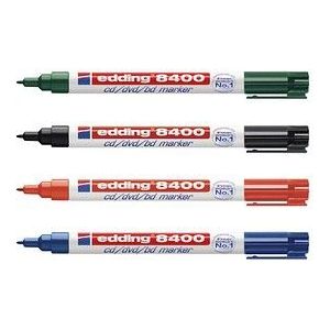 edding 8400 CD/DVD/BD marker set met 4 kleuren - zwart, rood, blauw, groen - ronde punt 0,5-1 mm - permanente inkt - veilig voor uw opgeslagen gegevens