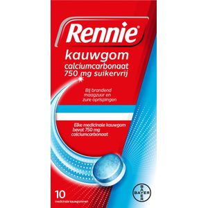 Rennie Kauwgom Calciumcarbonaat 750mg Suikervrij 10 stuks