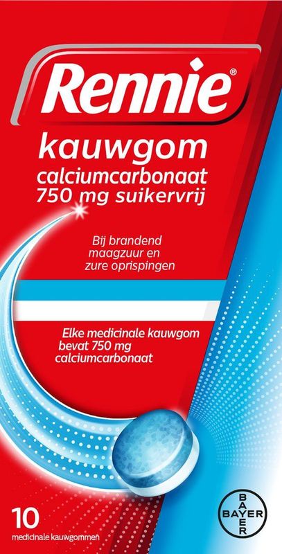 Rennie Kauwgom Calciumcarbonaat 750mg Suikervrij 10 stuks
