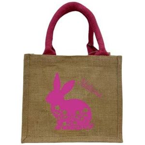 Bedrukte jute tas voor Pasen met naam | motief haas in weide voor kinderen | gepersonaliseerd paasnest om te vullen incl. naamdruk | cadeautas met handvat als paasmandje natuur/roze