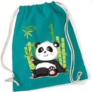 Gymtas voor kinderen, motief Panda Paul met bamboe, schoenenzak, sportrugzak, jute tas om aan te trekken, voor meisjes en jongens, stoffen tas met koord voor school, kleuterschool, vrije tijd, turquoise