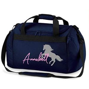 Rijtas met naamdruk, gepersonaliseerd, motief oplopend paard met naam, draag- en sporttas voor meisjes om te rijden, verkrijgbaar in vele kleuren, donkerblauw, 54 x 28 x 25 cm