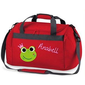 grote sporttas met naam | incl. naamdruk | motief kikkerkoningin | stoffen tas reistas schoudertas voor kinderen meisjes kroon groen roze zwart (rood)