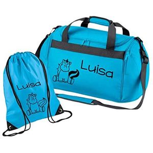 Sporttas met naam voor meisjes | eenhoorn voor kinderen | personaliseren en bedrukken | reistas schoudertas duffle bag, turquoise, Set 2-tlg. mit Turnbeutel