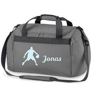 Sporttas bedrukt met naam voor kinderen, personaliseerbaar met motief basketbalspeler, reistas duffle bag voor jongens meisjes sport, grijs