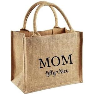 AWASG Jute tas MOM met naam - gepersonaliseerde cadeautas voor u - kleine moedertas cadeau dank u mama Moederdag - katoen S (26 x 22 x 14 cm)