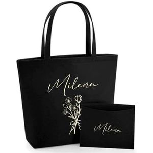 AWASG Vilten tas dames tas met klein etui - bedrukt en gepersonaliseerd met bloemen bloemen en naam - shopper cadeau bedankje voor jou, 04, zwart., Eén Maat